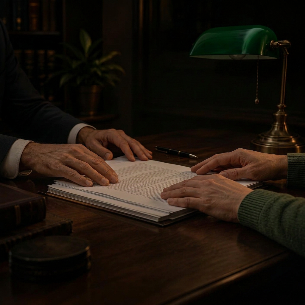 Two people reviewing claim documents at a dark timber desk by a banker's lamp